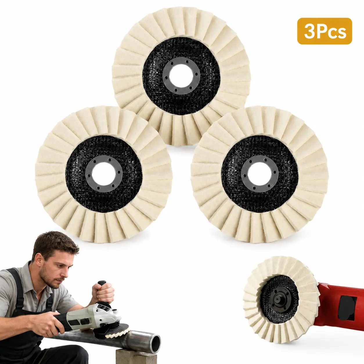 3PCS 5 Inch Wool Flap Polishing Wheel Pad Kit, Universal Angle Grinder Tool Set for Hard Material Surface Buffing & Restoration, Efficient Smooth Finishing Supply for Automotive & Motorcycle Maintenance