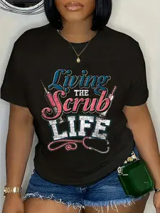 100% Cotton Hospital Stethoscope Living The Scrub Life Funny Nurse T-Shirt Round Neck Short Sleeve T-Shirt Women's Men Graphic Tee