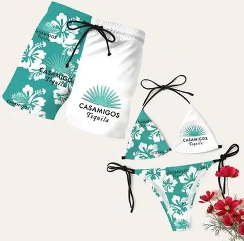 Casamigos tequila Matching Swimwear Set for Couples -Swim Bra & Tie Side Bikini + Men's Beach Shorts, Summer Vacation Swimsuit, Hawaiian Shirt Style, Aloha Beach Outfit, Casual Holiday Bathing Suits, Menswear & Womenswear
