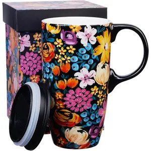 Ceramic Travel Mug with Lid and Handle Ceramic Coffee Mug Ceramic Latte Teacup in Color Box 17 Oz, Splash Resistant Lid - To Go Tumbler for  Cup Holder, Colorful Flower