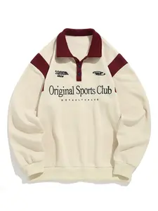 Men's Striped Letter Embroidery Button Front College Sweatshirt, Loose Casual Long Sleeve Polo Collar Pullover for Fall & Winter, Men's Clothes for Daily Wear