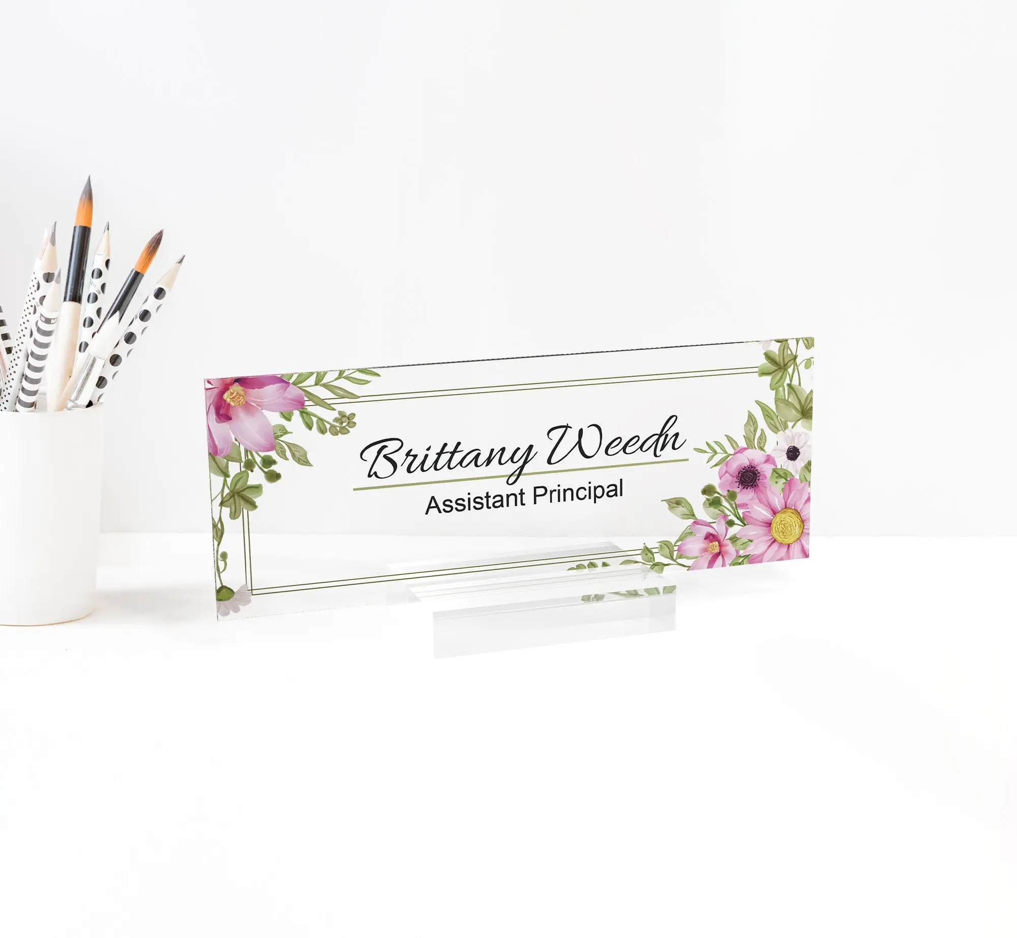 Gold Floral Desktop Nameplate, Custom Name Plate, Personalized Desk Plate, Custom Desk Sign Plaque, Office Sign