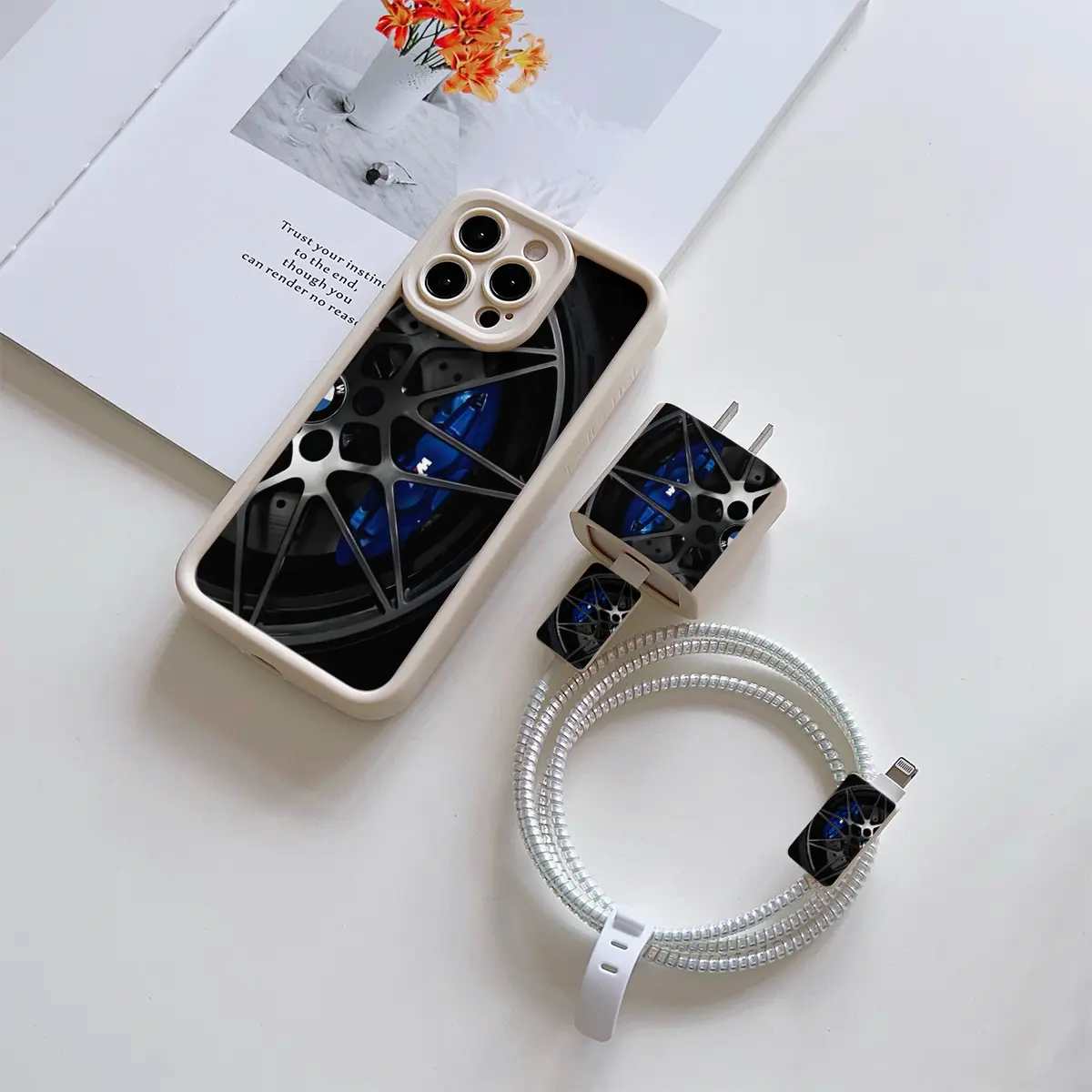 Luxury Sports Car Design iPhone Case Set, Includes Charger Cover & Cable Protector, Anti-Drop Tpu Shell for iPhone Models 6-17 Pro Max