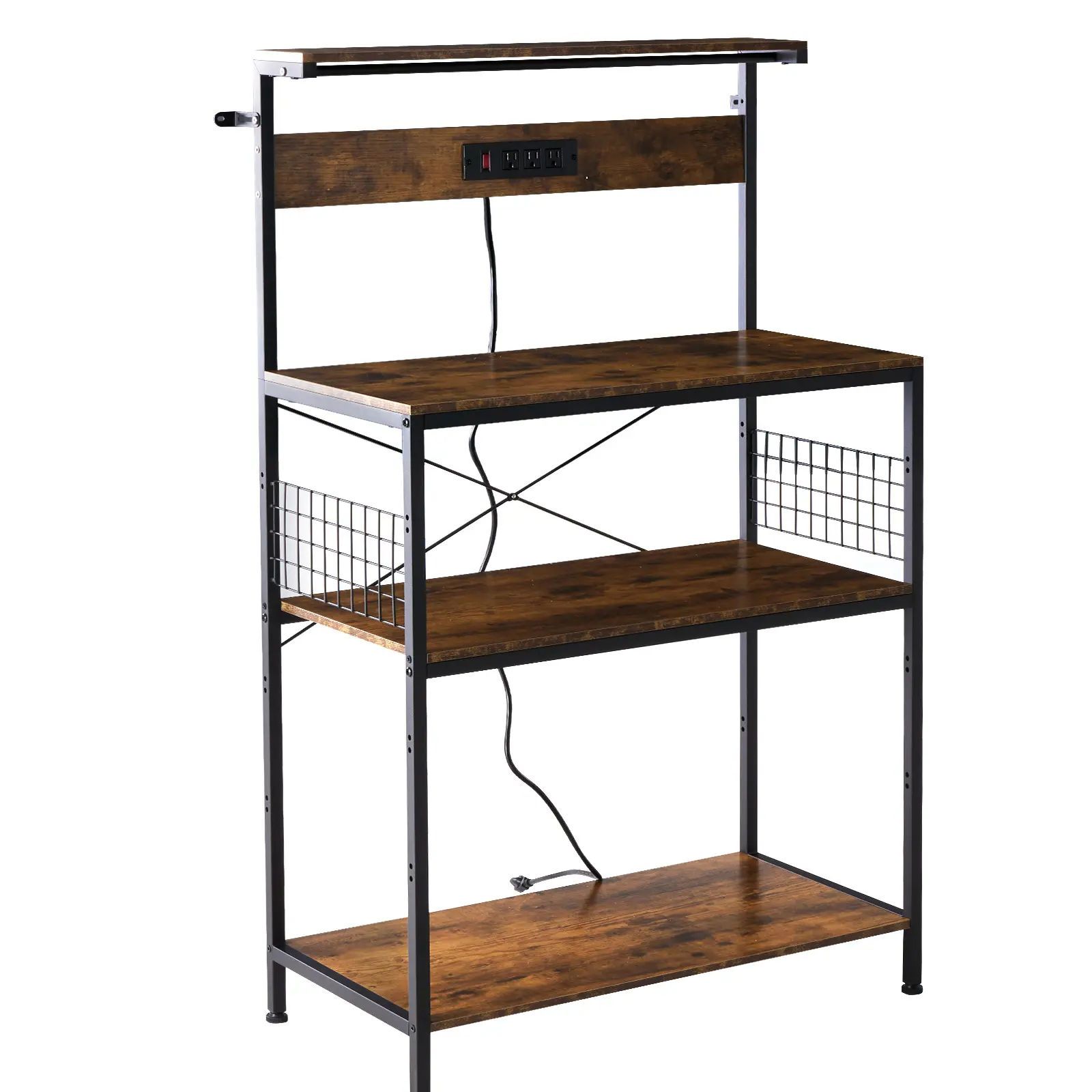 Kitchen Bakers Rack with Power Outlet, Adjustable Storage,Bakers Rack with Power Outlets, Microwave Stand, 31.5 X 16.5 Inch Larger Desktop, Kitchen Storage Rack with Adjustable Middle Shelf,3 S-Shaped Hooks,Coffee Bar Stand, Rustic Brown