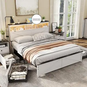 Vabches White Wood Bed Frame Full/Queen Size with Storage, Adjustable LED Lights, Farmhouse Metal Platform Bed Frames, Storage Headboard and 4 Large Drawers, Sturdy Metal Support, Noise-Free(No Squeaks)