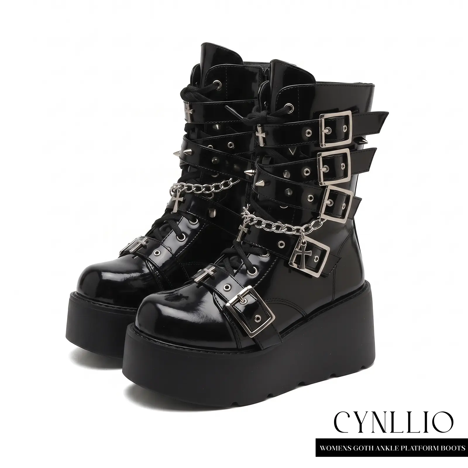 CYNLLIO Goth Ankle Boots For Womens Round Toe Chunky Platform Heels Adjustable Buckles Chain Cross Side Zipper Lace Up Fashionable Comfy Party Outing Dating Cosplay Summer Motorcycle Riding Combat Boot
