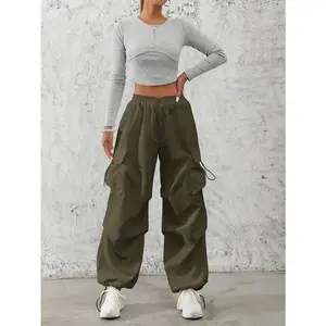 Solid Color Drawstring Baggy Cargo Pants, Casual Flap Pocket Fashion Versatile Pants, Women's Clothing