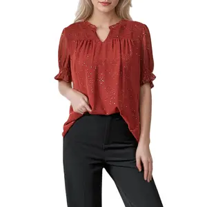 V-neck shirt, women's short sleeved casual red shirt, loose sequin embellished top LE-SY068