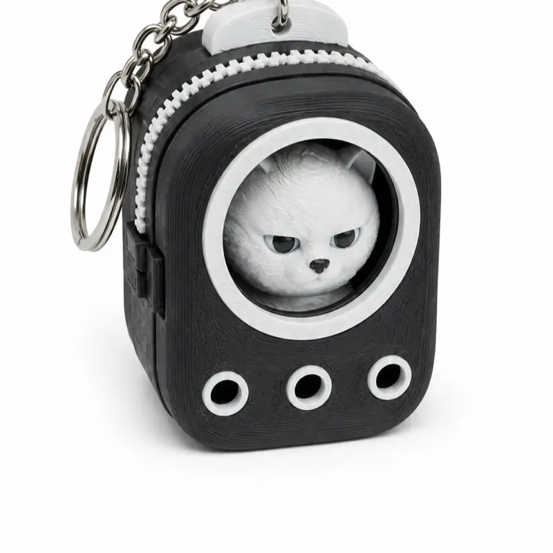 Cat in backpack keychain black/ gray