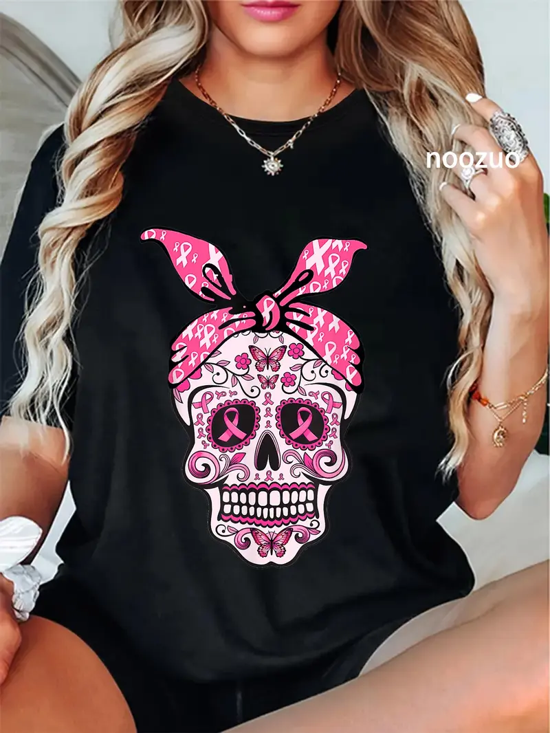 100% Cotton Sugar Skull Pink Ribbon Bandana Calavera Breast Cancer T-Shirt