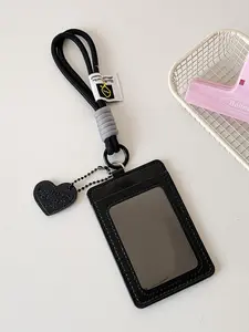 Korean Style Vertical Dual Card Holder Lanyard, Pure Color Three-Inch Polaroid Star Fan Card Case, School Meal Card Wallet Pendant