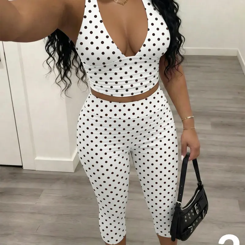 TikTok Women's 2 Pack Polka Dot 2 Piece Outfit Sets, Summer Sets Casual, Halter Neck Deep V Crop Top + High Waisted Capri Leggings - Y2K Retro Streetwear, Soft Stretchy Fabric for Festival, Daily Wear Summer Outfits