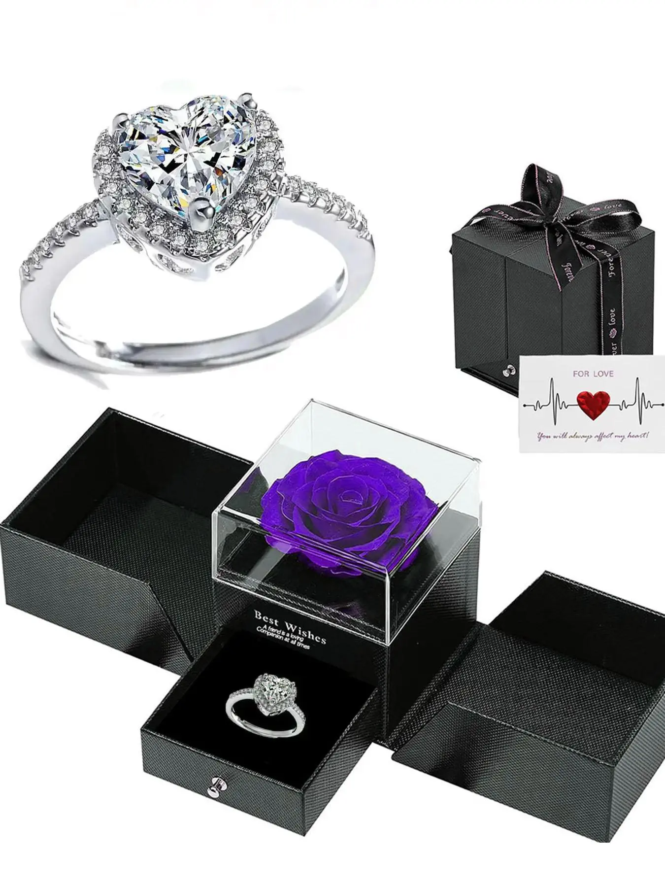 Glittering Heart Shaped Ring with Rose Gift Box, Elegant Wedding Ring for Women, Fashion Rings, Trendy All-match & Exquisite Engagement Jewelry for Birthday Gift, Valentine's Day, Romantic Jewelry Gift, Heart Initial Rings, Heart Cut Ring, Beautiful Rings