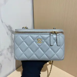 Pre-owned CHANEL Chanel Small Vanity Case Crossbody Bag, Light Grey Lambskin Leather with Pearl Crush Adjustable Vintage Gold Tone Chain Strap (Microchip Model, Circa 2021–2026) HK