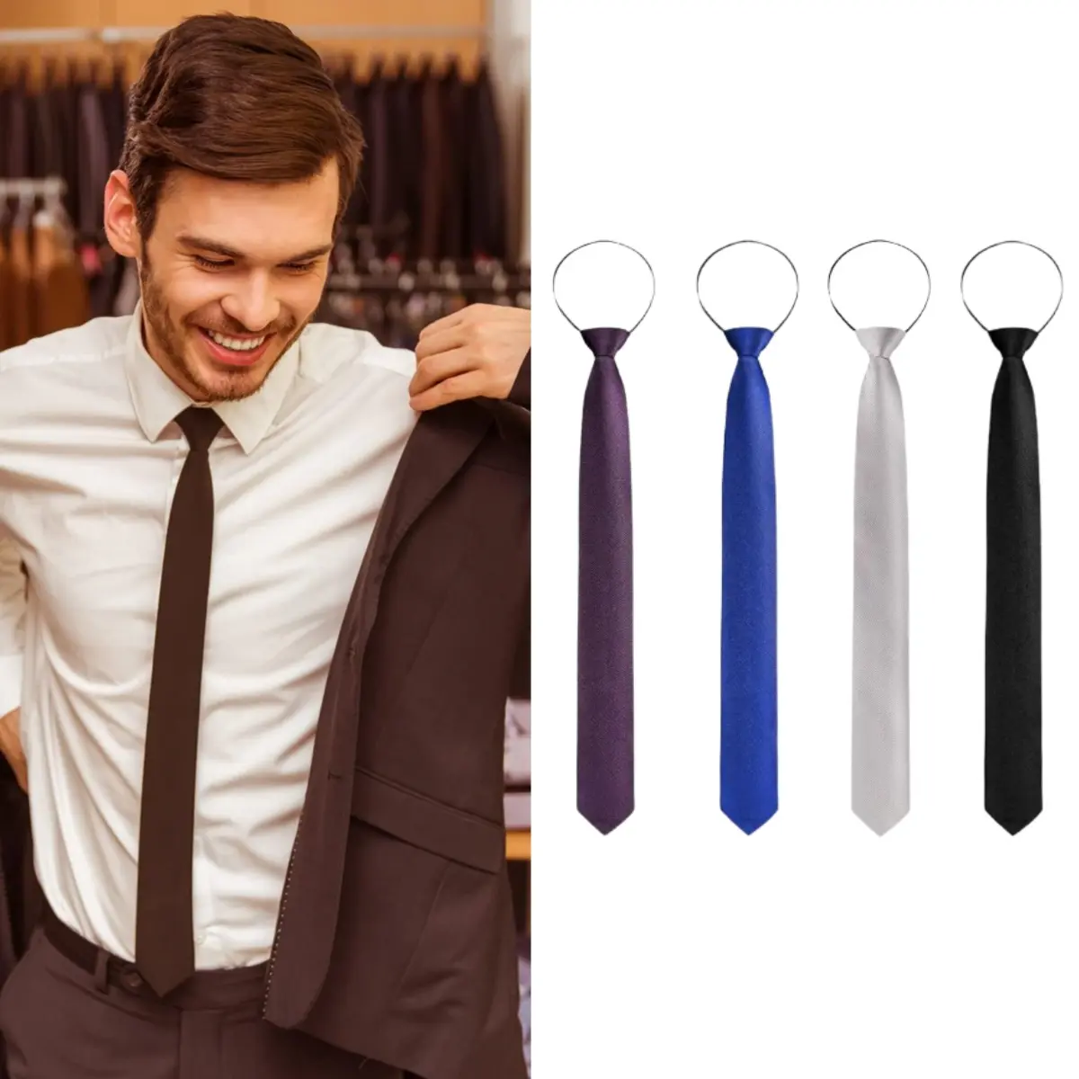 4 Pieces Pre-tied Adjustable Zipper Skinny Necktie,2.35inch Clip on Slim Ties For Men Or Boys, Solid Color Ties for Wedding, Graduation, Meeting