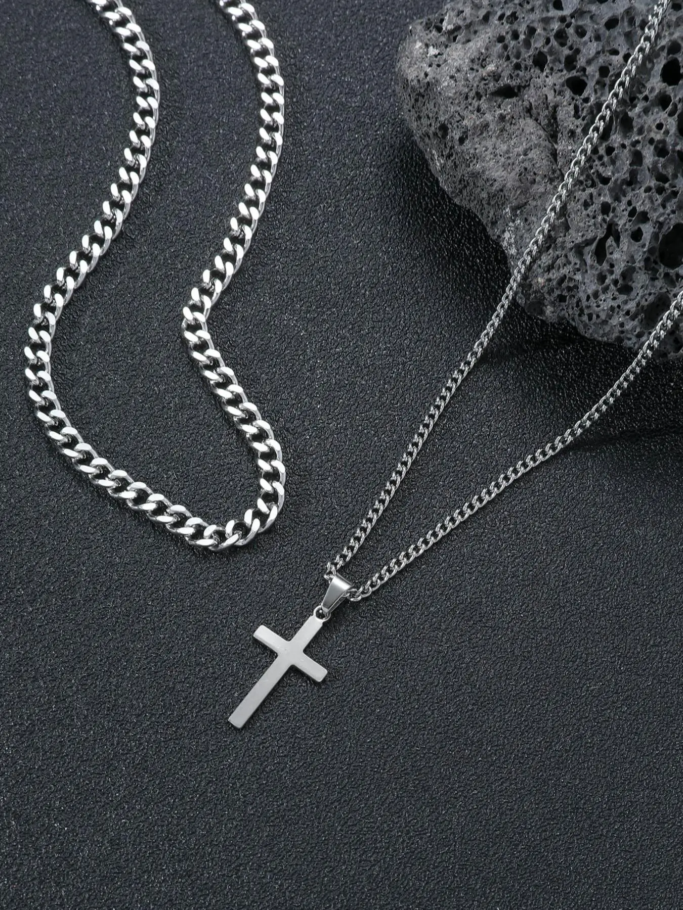 2024 Punk New Cross Pendant Necklace for Men, New Stainless Steel Matching Necklace Jewelry, Vintage Chunky Chain Necklace for Men for Daily Wear