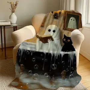 1pc Ghost Reading Cat Throw Blanket Halloween Cozy Soft Blanket for Bed Extra Large Machine Washable All Season Flannel Anti Seasonal Blanket Comfort for Home Office Travel & Camping Gifts for Women Girls Friend