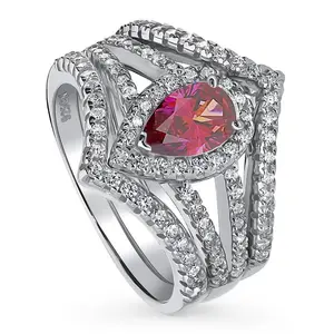 BERRICLE Sterling Silver Halo Wishbone Engagement Rings Statement Stackable Band Split Shank Ring Set for Women, Red Pear Cut Cubic Zirconia CZ