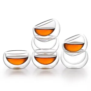 Double Glass Tea Cups 1.69oz Heat Insulated Tiny Tea Cup Set of 6 Transparent Glass Kung Fu Tea Set Drinkware