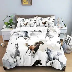 Watercolor Galloping Horse Bedding Set, 1 Fitted Sheet + 2 Pillowcases, Rustic-Chic Style, Equestrian Lovers, Country-Inspired Bedrooms