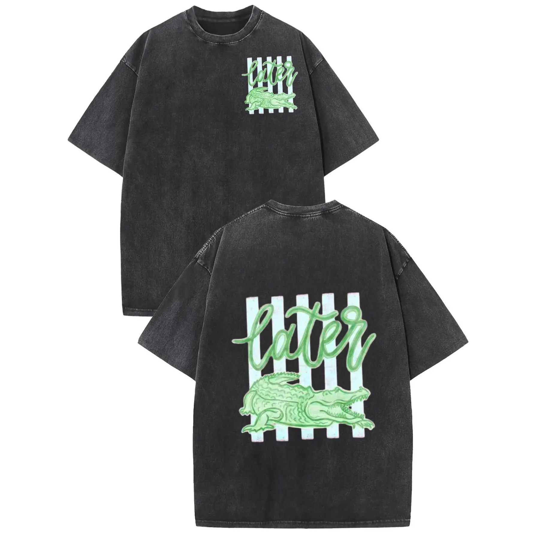 Men's Retro Striped T-Shirt with Funny Alligator Graphic, Soft Pure Cotton Short-Sleeve Top in an Oversize Fit, Shortsleeve, Alligator Print