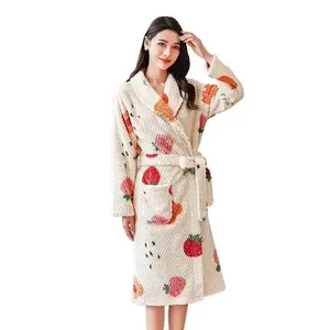 Women's Winter Flannel Robe Thick Fleece Bathrobe with Fruit Print night  gown  women house  dress Womenswear Loungewear pajama Fluffy Pajamas Fabric