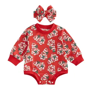 Baby Girls Sweatshirt Romper Christmas Tree Print Long Sleeve Jumpsuits and Cute Headband Set for Toddler Infant