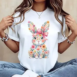 Aesthetic Easter Bunny T-Shirt |   Premium 100% Cotton Heavyweight Tee |   Cute Pink Bow & Flower Graphic Top |   Soft Breathable Casual Crewneck |   Perfect 2026 Spring Festival Gift |   Trendy Pastel Colors Apparel