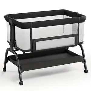 3-in-1 Baby Bassinet Bedside Crib with Soft Mattress, Breathable Mesh Sheet, 6-Height Adjustable Portable Sleeper, Foldable Black Metal Frame, Easy-Assembly Full-Size Convertible Cot for Newborns