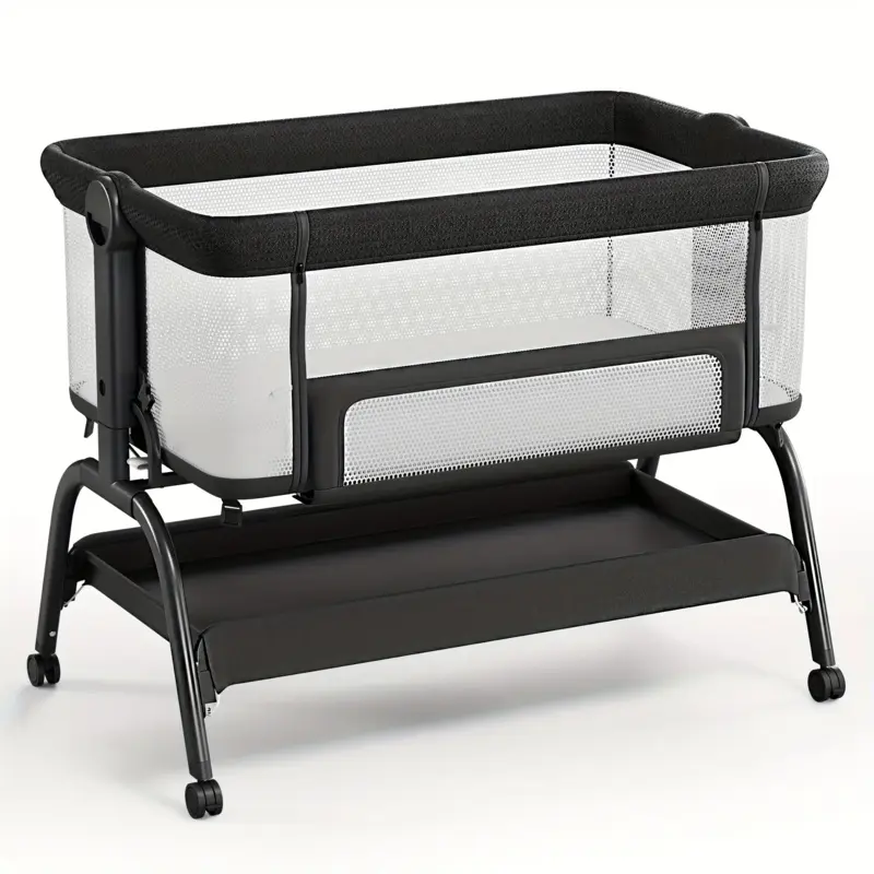 3-in-1 Baby Bassinet Bedside Crib with Soft Mattress, Breathable Mesh Sheet, 6-Height Adjustable Portable Sleeper, Foldable Black Metal Frame, Easy-Assembly Full-Size Convertible Cot for Newborns
