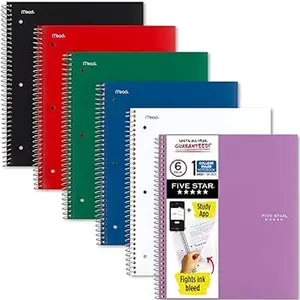 Five Star Spiral Notebook + Study App, 6 Pack, 1 Subject, College Ruled Paper, 8-1/2" x 11", 100 Sheets, Fights Ink Bleed, Water Resistant Cover, Black, Red, Blue, Green, White, Purple (38052)
