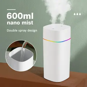 1Pc Double Spray Humidifier 7 Color Night Light 600ml Large Capacity Quiet Humidifier for Home USB Mist Maker For Desktop Car Office