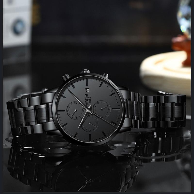 【Clearance sale】NIBOSI Men's Watches Analog Minimalist Black Dial Watches for Men Business Chronograph Military Casual Wrist Watches Stainless Steel Strap Date