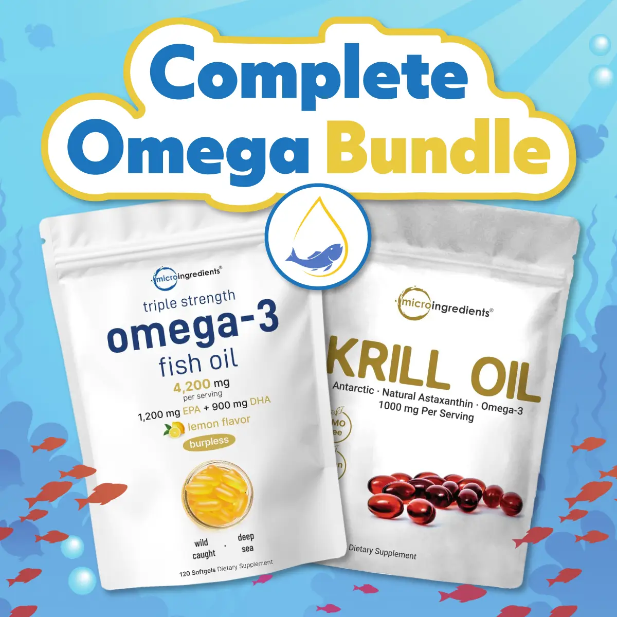 Micro Ingredients Complete Omega Bundle: Omega 3 Fish Oil 120 Softgels & Antarctic Krill Oil 300 Softgels