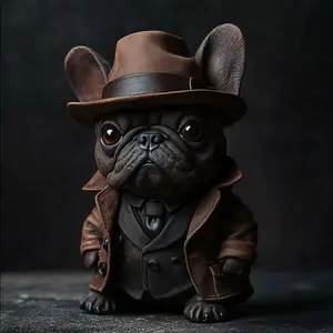 French Bulldog Gentleman Ornament, Resin Statue with Hair and Hat, Movie-Inspired Home Decor, Handmade Desktop Shelf Decoration
