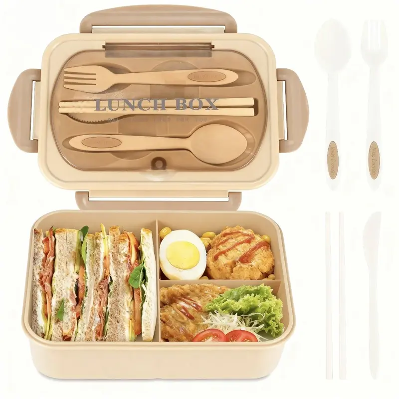 【Factory Direct Sales 】 Eat for Kids and Adult lunch 1200ml lunch container, leakproof lunch with 4 utensils, BPA free, 3-compartment lunch , microwavesafe portable travel winter gift eat box Khaki Tableware
