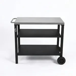 3-Tier Outdoor Grill Cart with Stainless Steel Top, Movable BBQ Prep Table with Wheels, Rolling Serving Bar Cart for Patio, Backyard, Pizza Oven Stand, Black