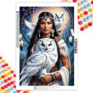 Native Girl & Owl Pattern DIY Diamond Arts Colorful Painting Kit without Frame, DIY 5D Diamond Arts Colorful Painting for Bedroom Home Wall Decor, Diamond Painting Kits