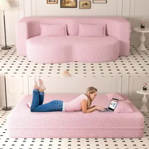 78in Floor Sofa Couch with 2 Pillows, Convertible Oversized Cloud Loveseat,Teddy Folding Floor Sofa Couch Bed, Minimalist Sleeper Sofa Bed for Living Room, Apartment, Office, No Assembly Required (Pink)