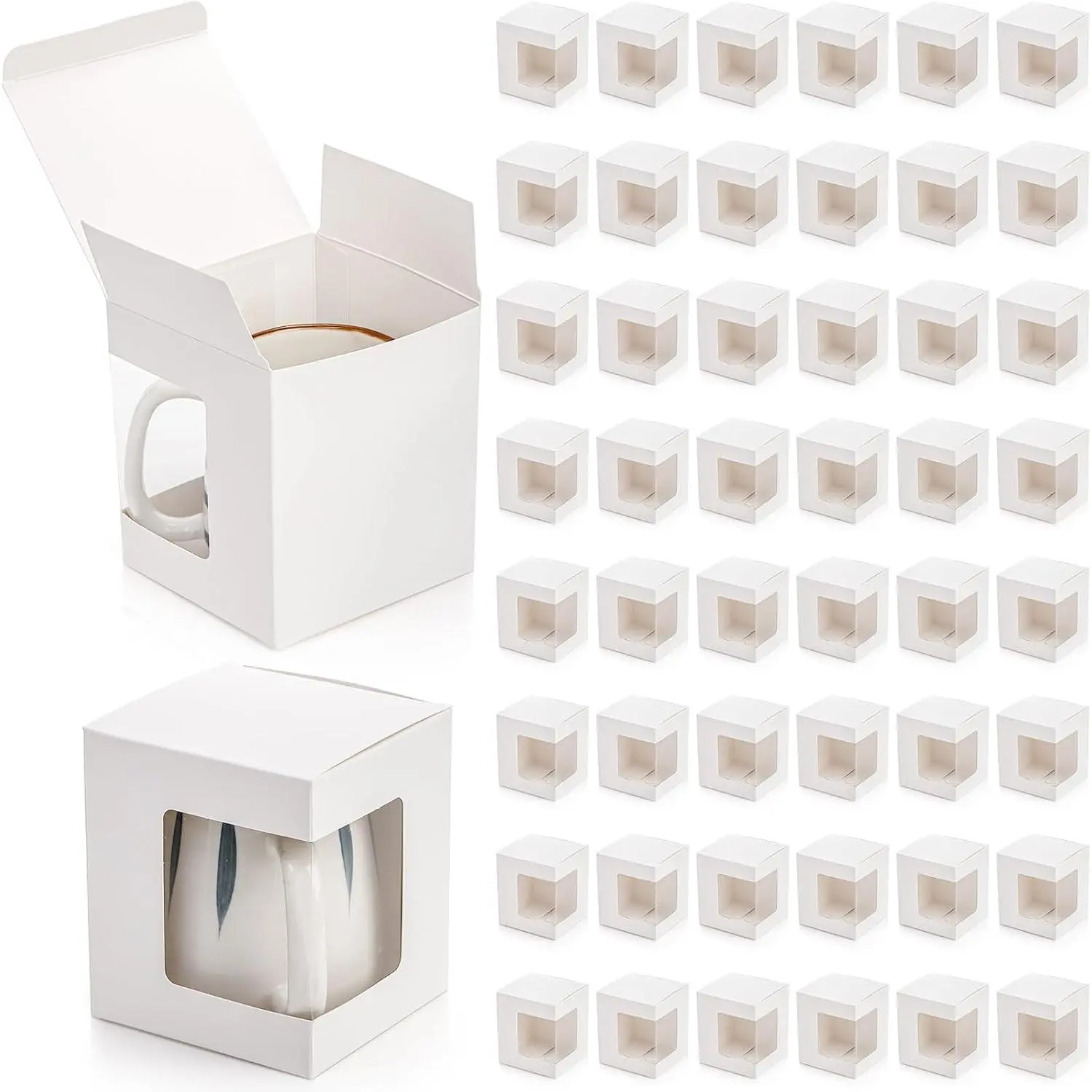 50 Pack  Boxes for Sublimation Mugs, 4.3x4.3x5'' Small White Packaging, 12OZ 15OZ Transparent Cups Wrapping With Clear View Window, Cupcake Christmas Ornament Box for Wedding