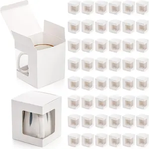50 Pack  Boxes for Sublimation Mugs, 4.3x4.3x5'' Small White Packaging, 12OZ 15OZ Transparent Cups Wrapping With Clear View Window, Cupcake Christmas Ornament Box for Wedding