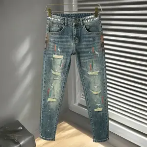 Retro Distressed Paint Splatter Denim Jeans Men's Trendy Brand Patched Hole Repair Slim Fit Casual Long Pants