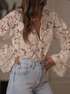 Women's Lace Embroidered Shirt, Fashion Elegant Chic Hollow Out Design, Flare Sleeves Button Blouse, Long Sleeve Loose Fit Casual Top Embroidery Womenswear