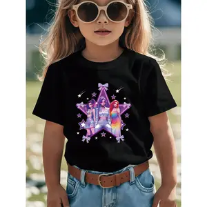 1Fashion K-Pop Style Girls' Boys' T-Shirt |   Anime Style Three Female Characters Design With Shiny Purple Star Background And Metallic Letter Print, Ideal For Summer Casual Wear, Perfect Christmas, Birthday, Party Gift