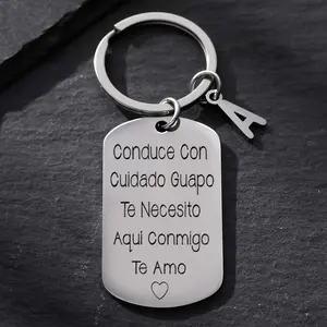 Spanish Drive Safe Tag Keychain Stainless Steel Key Chain Ring Valentine's Day Husband Boyfriend Gift