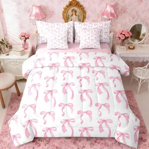 Bow Comforter Set 7 Pieces Pink Bedding Set Cute Bowknot Bed in a Bag with Comforter,Sheets,Pillowcases,Cushion Covers Princess Style Bedroom Decor Kawaii Quilted