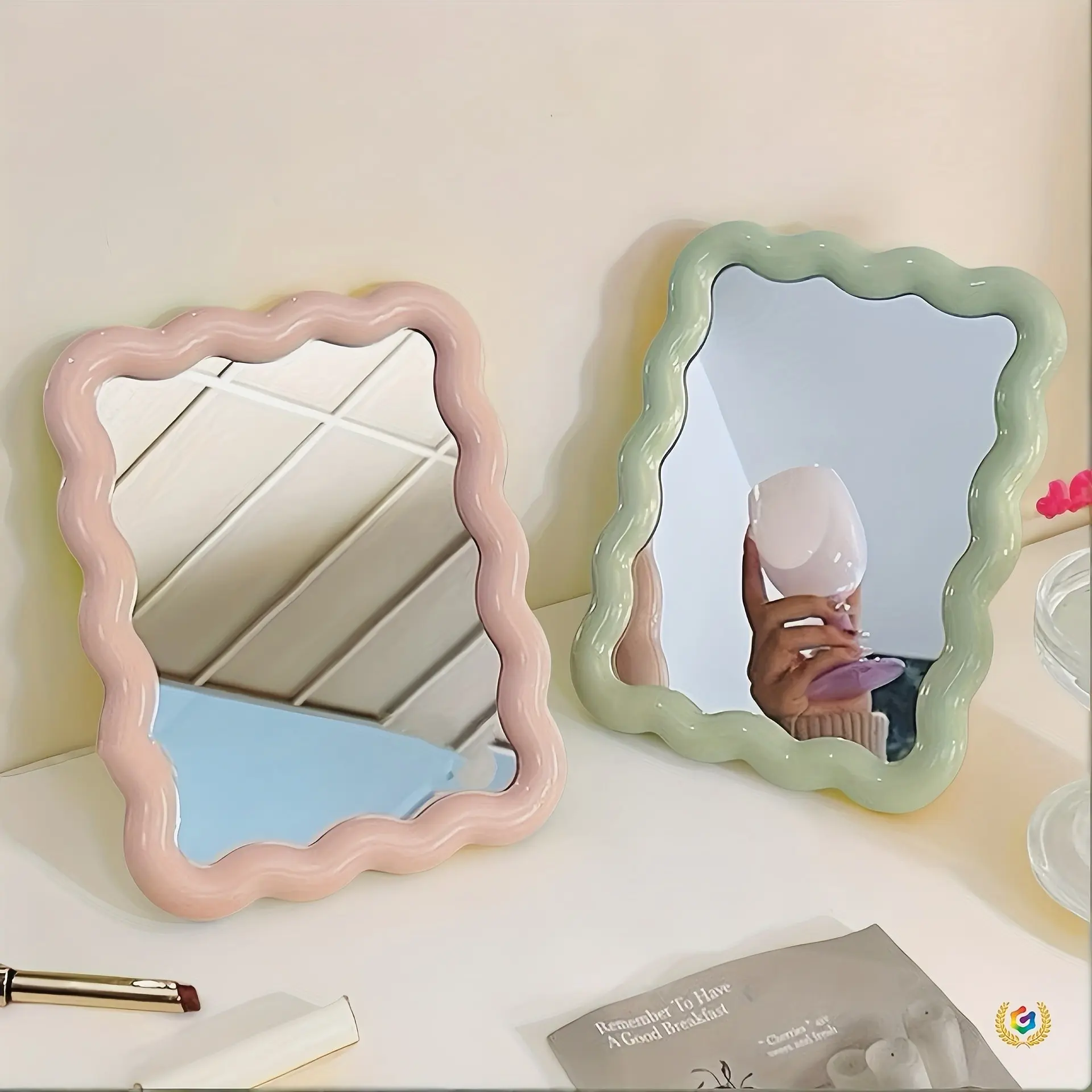 Wave Type Makeup Mirror, Desktop Standable Wall Mountable, High Definition Cosmetic Mirror, Room Decoration, Back-To-School Dorm Essentials, Modern Mirror