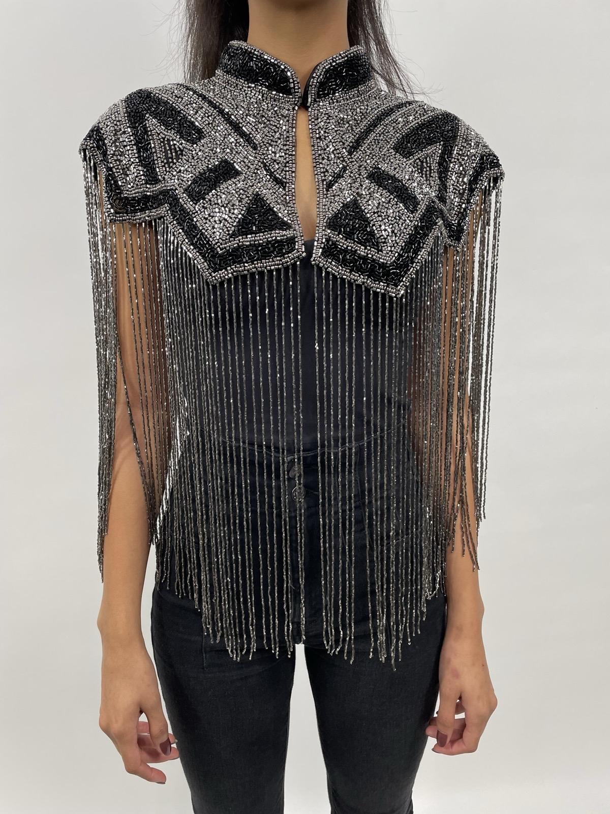 Luxe Hand Beaded Fringe Cape with Silk Collar - Gunmetal