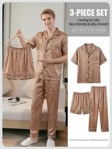 Men's Summer Short Sleeve + Shorts + Long Pants Set, Thin Ice Silk Comfort Sleepwear, Youth Printed Home Clothing