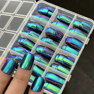 144Pcs/box Dark Blue Electroplated False Nails Tip Glossy Short Almond Wearable Nail DIY Detachable Aurora Iridescent Fake Nails Nail Kit Set Nail Tips Kit